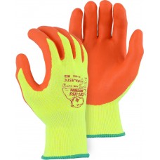 High visibility yellow HPPE seamless knit with abrasion and puncture resistant high visibility orange foam nitrile palm coating